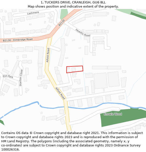 1, TUCKERS DRIVE, CRANLEIGH, GU6 8LL: Location map and indicative extent of plot