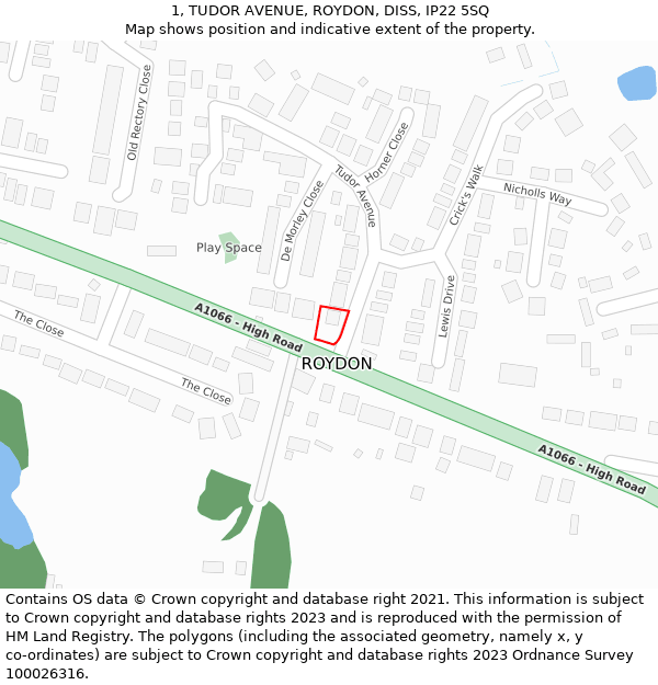 1, TUDOR AVENUE, ROYDON, DISS, IP22 5SQ: Location map and indicative extent of plot