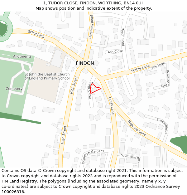 1, TUDOR CLOSE, FINDON, WORTHING, BN14 0UH: Location map and indicative extent of plot