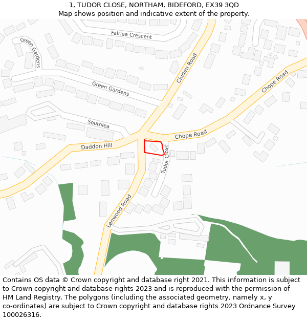 1, TUDOR CLOSE, NORTHAM, BIDEFORD, EX39 3QD: Location map and indicative extent of plot