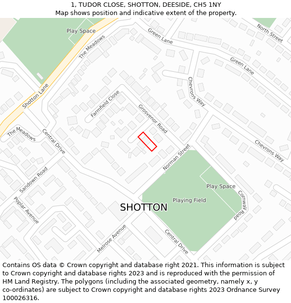 1, TUDOR CLOSE, SHOTTON, DEESIDE, CH5 1NY: Location map and indicative extent of plot