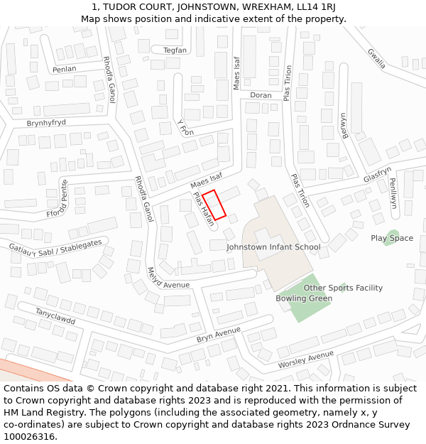 1, TUDOR COURT, JOHNSTOWN, WREXHAM, LL14 1RJ: Location map and indicative extent of plot