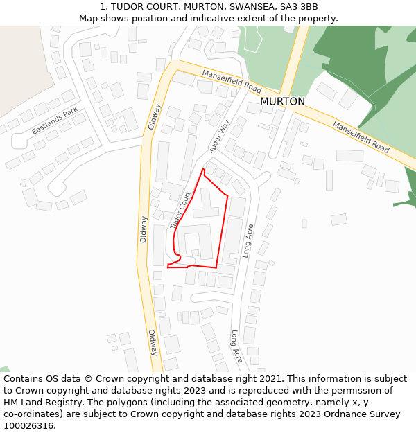 1, TUDOR COURT, MURTON, SWANSEA, SA3 3BB: Location map and indicative extent of plot