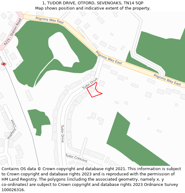 1, TUDOR DRIVE, OTFORD, SEVENOAKS, TN14 5QP: Location map and indicative extent of plot