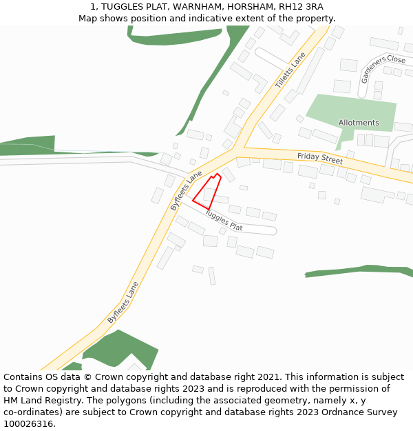 1, TUGGLES PLAT, WARNHAM, HORSHAM, RH12 3RA: Location map and indicative extent of plot