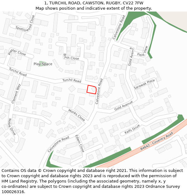 1, TURCHIL ROAD, CAWSTON, RUGBY, CV22 7FW: Location map and indicative extent of plot