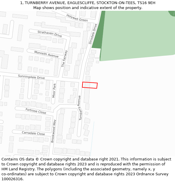 1, TURNBERRY AVENUE, EAGLESCLIFFE, STOCKTON-ON-TEES, TS16 9EH: Location map and indicative extent of plot