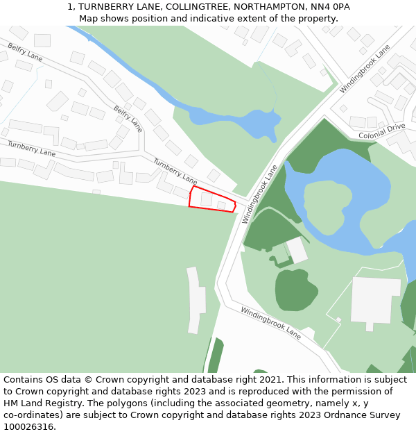 1, TURNBERRY LANE, COLLINGTREE, NORTHAMPTON, NN4 0PA: Location map and indicative extent of plot