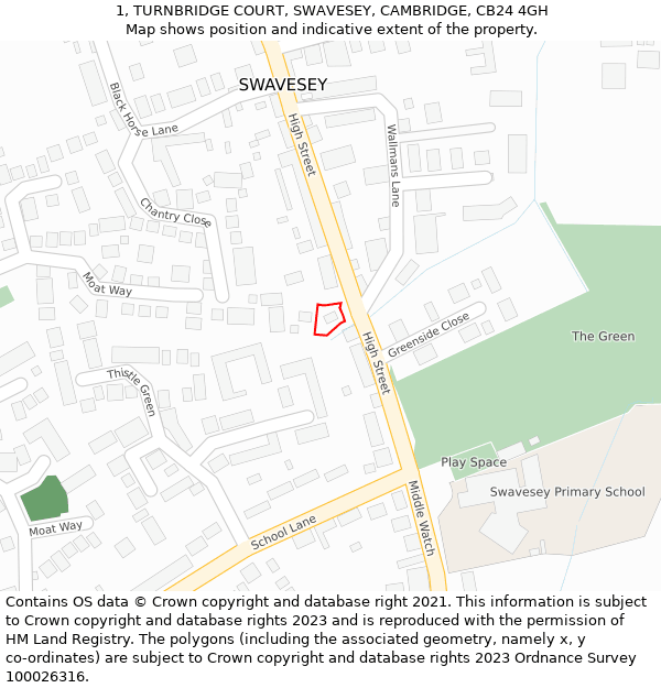 1, TURNBRIDGE COURT, SWAVESEY, CAMBRIDGE, CB24 4GH: Location map and indicative extent of plot