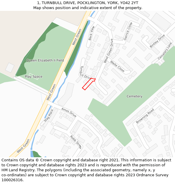 1, TURNBULL DRIVE, POCKLINGTON, YORK, YO42 2YT: Location map and indicative extent of plot