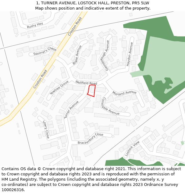 1, TURNER AVENUE, LOSTOCK HALL, PRESTON, PR5 5LW: Location map and indicative extent of plot