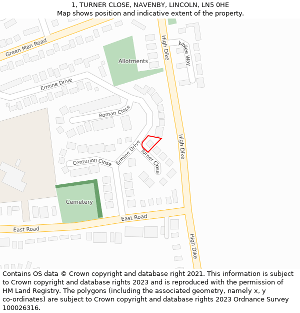 1, TURNER CLOSE, NAVENBY, LINCOLN, LN5 0HE: Location map and indicative extent of plot