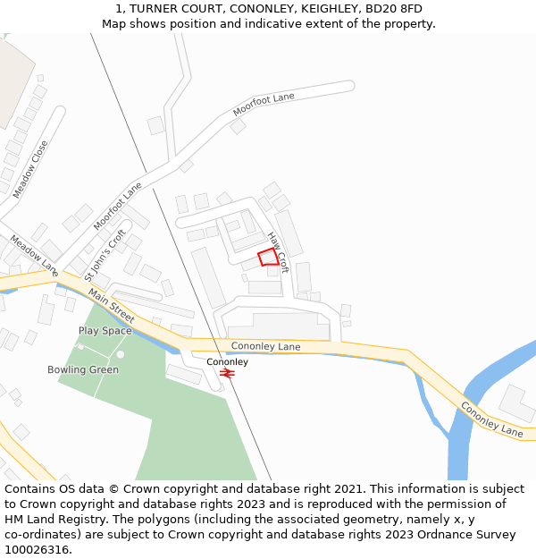 1, TURNER COURT, CONONLEY, KEIGHLEY, BD20 8FD: Location map and indicative extent of plot