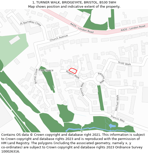 1, TURNER WALK, BRIDGEYATE, BRISTOL, BS30 5WH: Location map and indicative extent of plot