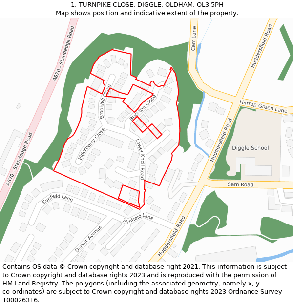 1, TURNPIKE CLOSE, DIGGLE, OLDHAM, OL3 5PH: Location map and indicative extent of plot