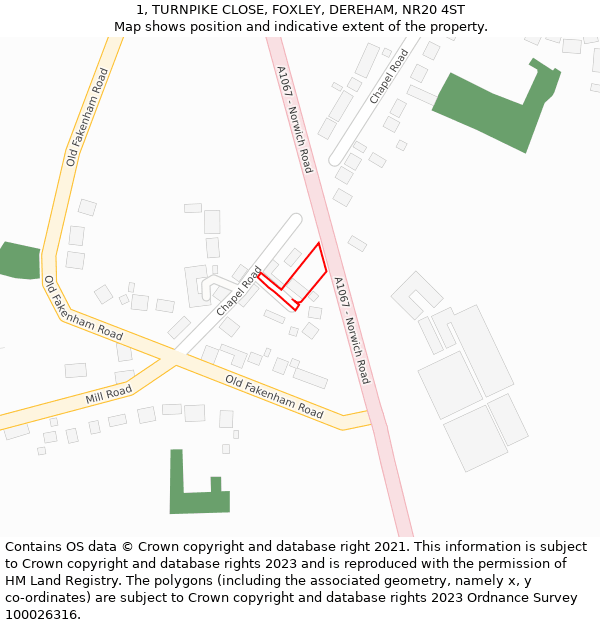 1, TURNPIKE CLOSE, FOXLEY, DEREHAM, NR20 4ST: Location map and indicative extent of plot