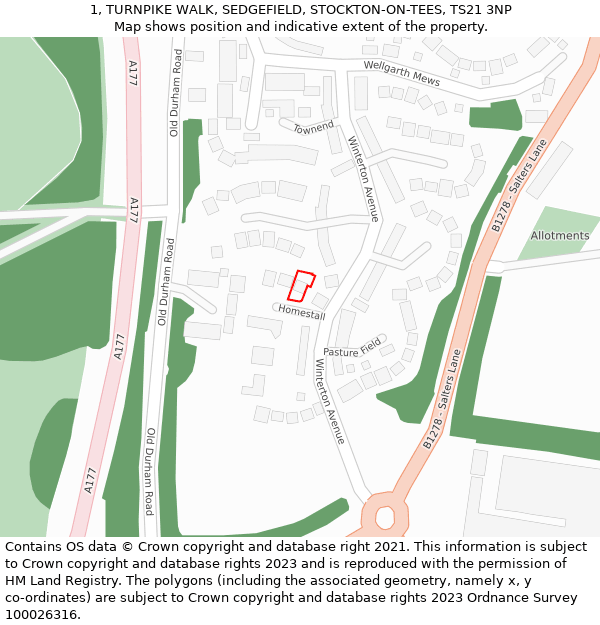 1, TURNPIKE WALK, SEDGEFIELD, STOCKTON-ON-TEES, TS21 3NP: Location map and indicative extent of plot