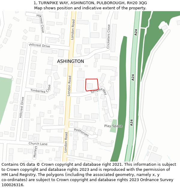 1, TURNPIKE WAY, ASHINGTON, PULBOROUGH, RH20 3QG: Location map and indicative extent of plot