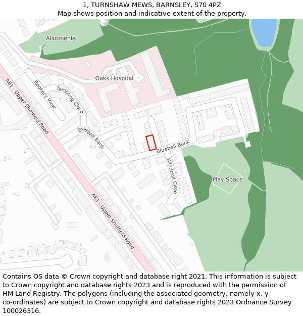 1, TURNSHAW MEWS, BARNSLEY, S70 4PZ: Location map and indicative extent of plot