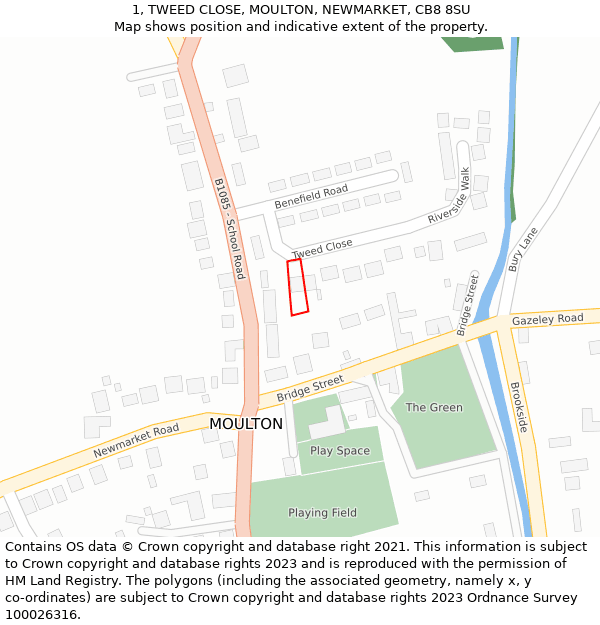 1, TWEED CLOSE, MOULTON, NEWMARKET, CB8 8SU: Location map and indicative extent of plot