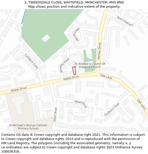 1, TWEEDSDALE CLOSE, WHITEFIELD, MANCHESTER, M45 8ND: Location map and indicative extent of plot