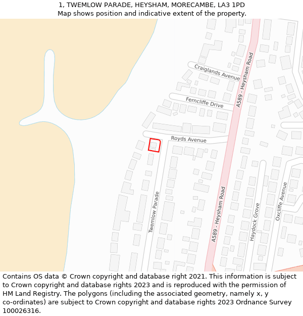1, TWEMLOW PARADE, HEYSHAM, MORECAMBE, LA3 1PD: Location map and indicative extent of plot