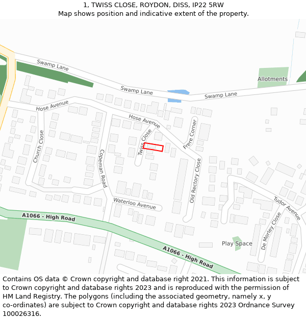 1, TWISS CLOSE, ROYDON, DISS, IP22 5RW: Location map and indicative extent of plot