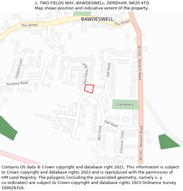 1, TWO FIELDS WAY, BAWDESWELL, DEREHAM, NR20 4TQ: Location map and indicative extent of plot