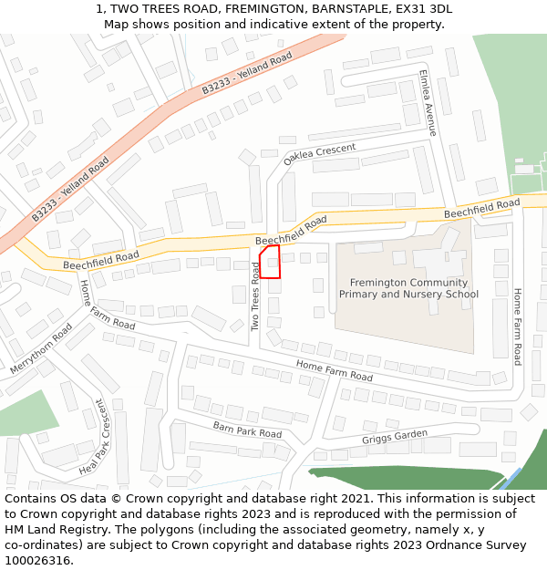 1, TWO TREES ROAD, FREMINGTON, BARNSTAPLE, EX31 3DL: Location map and indicative extent of plot