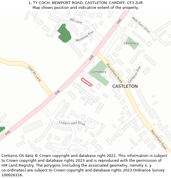 1, TY COCH, NEWPORT ROAD, CASTLETON, CARDIFF, CF3 2UR: Location map and indicative extent of plot