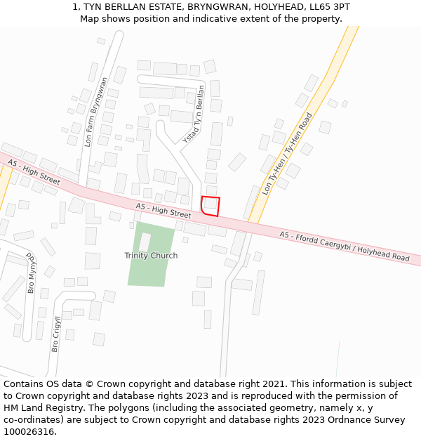 1, TYN BERLLAN ESTATE, BRYNGWRAN, HOLYHEAD, LL65 3PT: Location map and indicative extent of plot