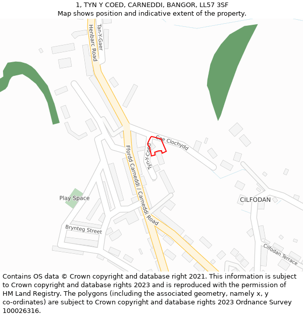 1, TYN Y COED, CARNEDDI, BANGOR, LL57 3SF: Location map and indicative extent of plot