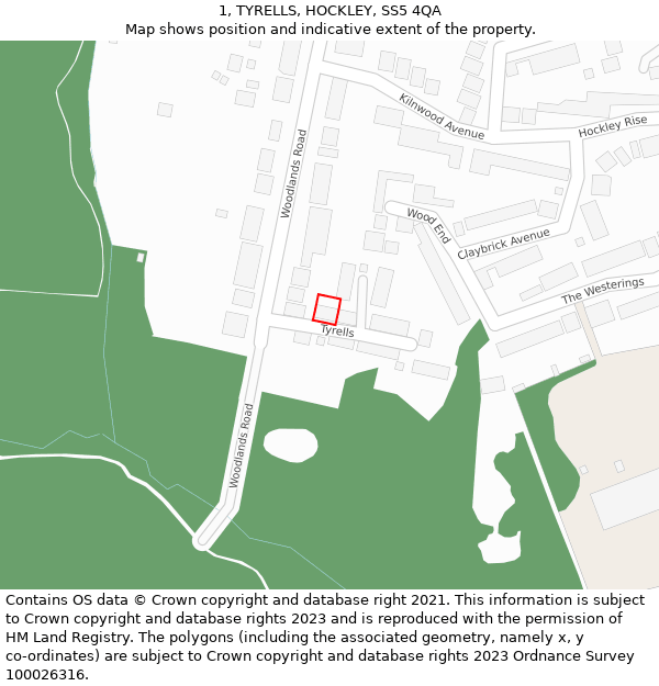 1, TYRELLS, HOCKLEY, SS5 4QA: Location map and indicative extent of plot