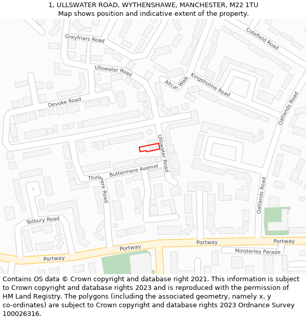 1, ULLSWATER ROAD, WYTHENSHAWE, MANCHESTER, M22 1TU: Location map and indicative extent of plot