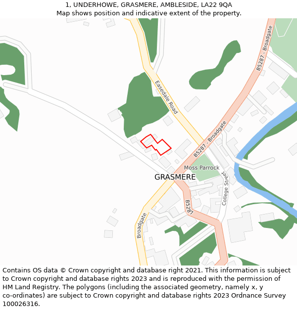 1, UNDERHOWE, GRASMERE, AMBLESIDE, LA22 9QA: Location map and indicative extent of plot