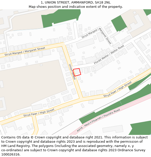 1, UNION STREET, AMMANFORD, SA18 2NL: Location map and indicative extent of plot