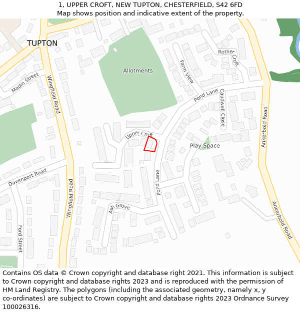 1, UPPER CROFT, NEW TUPTON, CHESTERFIELD, S42 6FD: Location map and indicative extent of plot