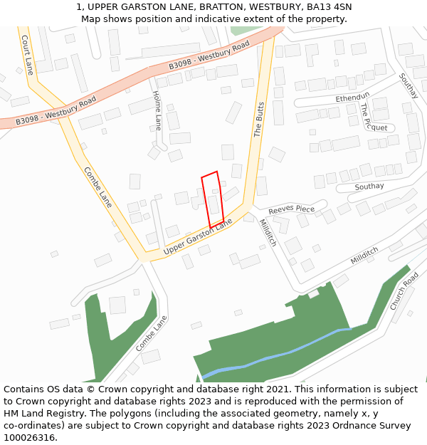 1, UPPER GARSTON LANE, BRATTON, WESTBURY, BA13 4SN: Location map and indicative extent of plot