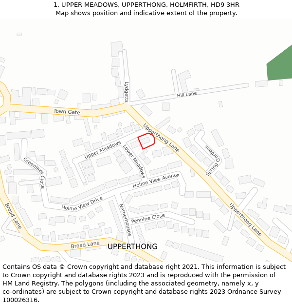 1, UPPER MEADOWS, UPPERTHONG, HOLMFIRTH, HD9 3HR: Location map and indicative extent of plot