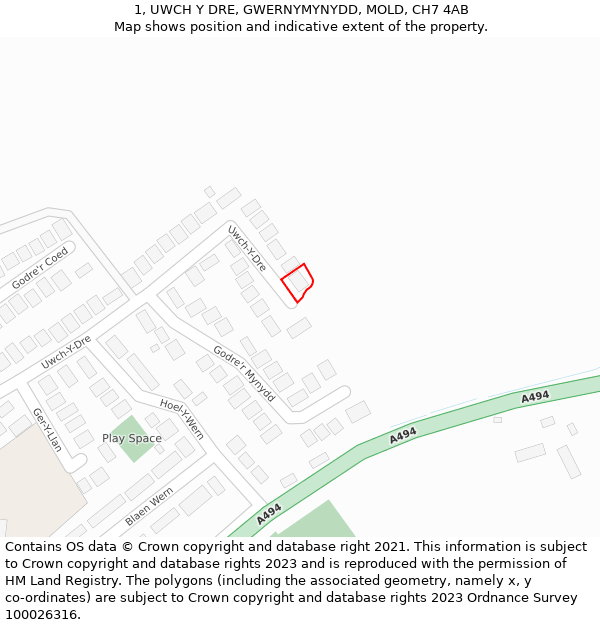 1, UWCH Y DRE, GWERNYMYNYDD, MOLD, CH7 4AB: Location map and indicative extent of plot