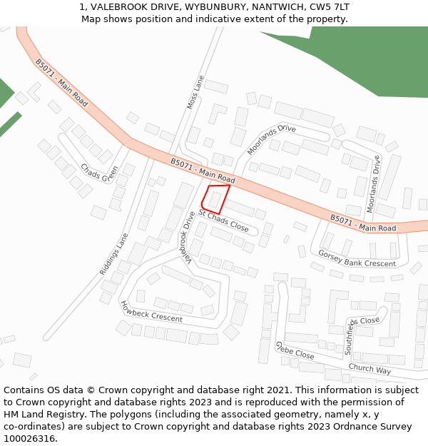 1, VALEBROOK DRIVE, WYBUNBURY, NANTWICH, CW5 7LT: Location map and indicative extent of plot