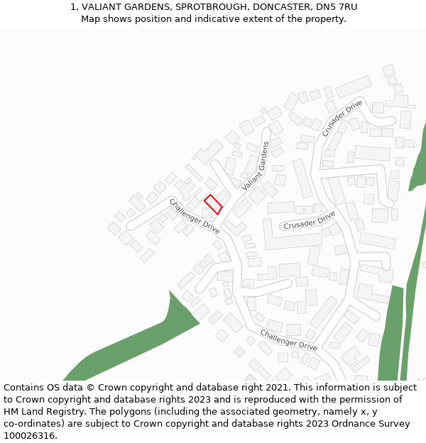 1, VALIANT GARDENS, SPROTBROUGH, DONCASTER, DN5 7RU: Location map and indicative extent of plot