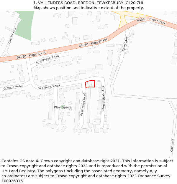 1, VALLENDERS ROAD, BREDON, TEWKESBURY, GL20 7HL: Location map and indicative extent of plot