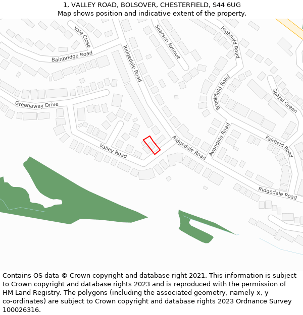 1, VALLEY ROAD, BOLSOVER, CHESTERFIELD, S44 6UG: Location map and indicative extent of plot