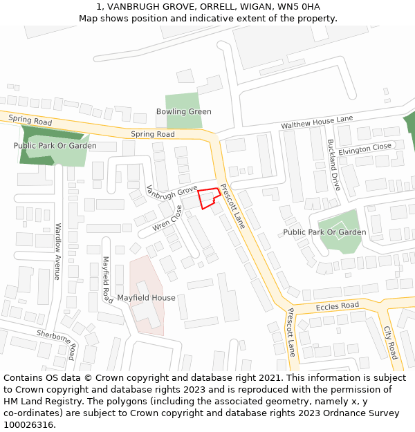 1, VANBRUGH GROVE, ORRELL, WIGAN, WN5 0HA: Location map and indicative extent of plot