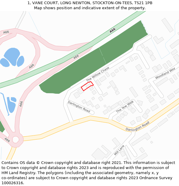 1, VANE COURT, LONG NEWTON, STOCKTON-ON-TEES, TS21 1PB: Location map and indicative extent of plot