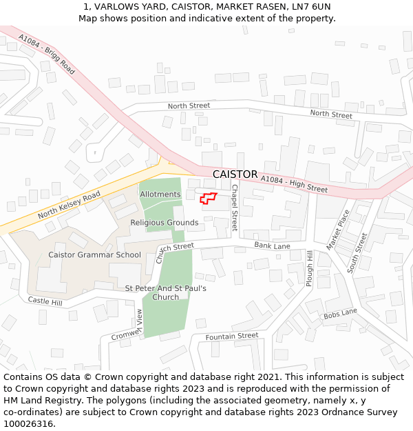 1, VARLOWS YARD, CAISTOR, MARKET RASEN, LN7 6UN: Location map and indicative extent of plot