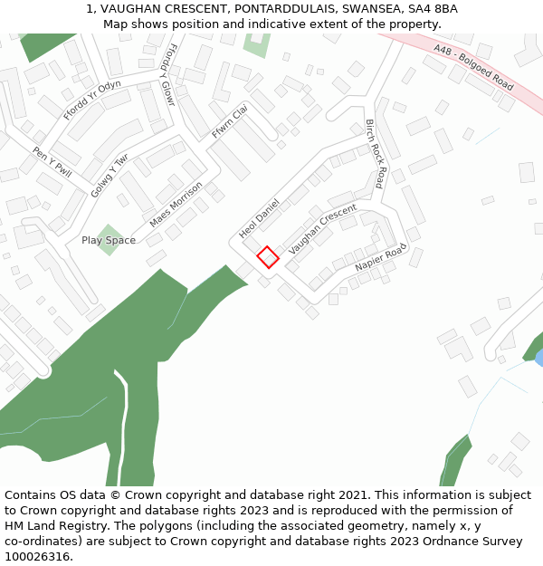 1, VAUGHAN CRESCENT, PONTARDDULAIS, SWANSEA, SA4 8BA: Location map and indicative extent of plot