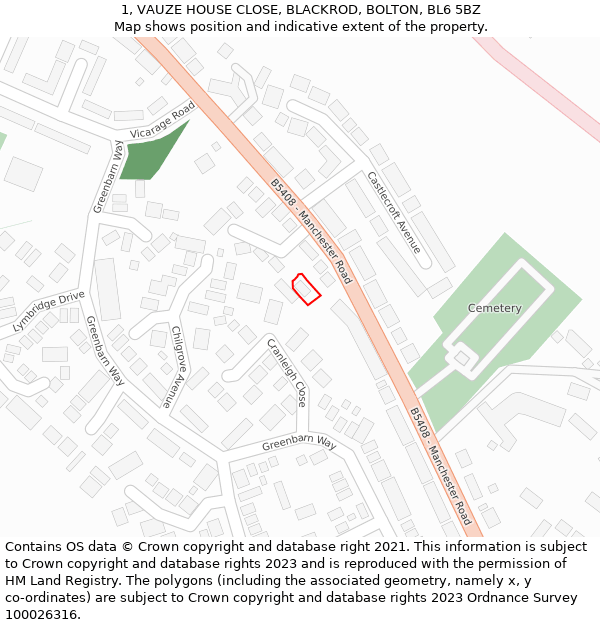 1, VAUZE HOUSE CLOSE, BLACKROD, BOLTON, BL6 5BZ: Location map and indicative extent of plot