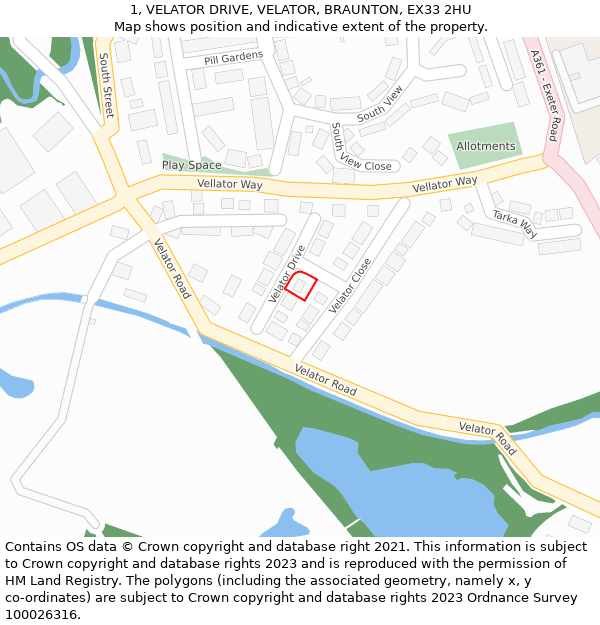 1, VELATOR DRIVE, VELATOR, BRAUNTON, EX33 2HU: Location map and indicative extent of plot